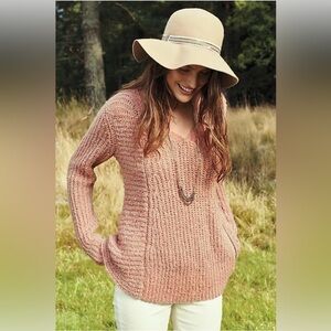 MOTH Anthropologie Wool Blend V-Neck Coral/Tan Pullover Sweater W/ Zipper Small